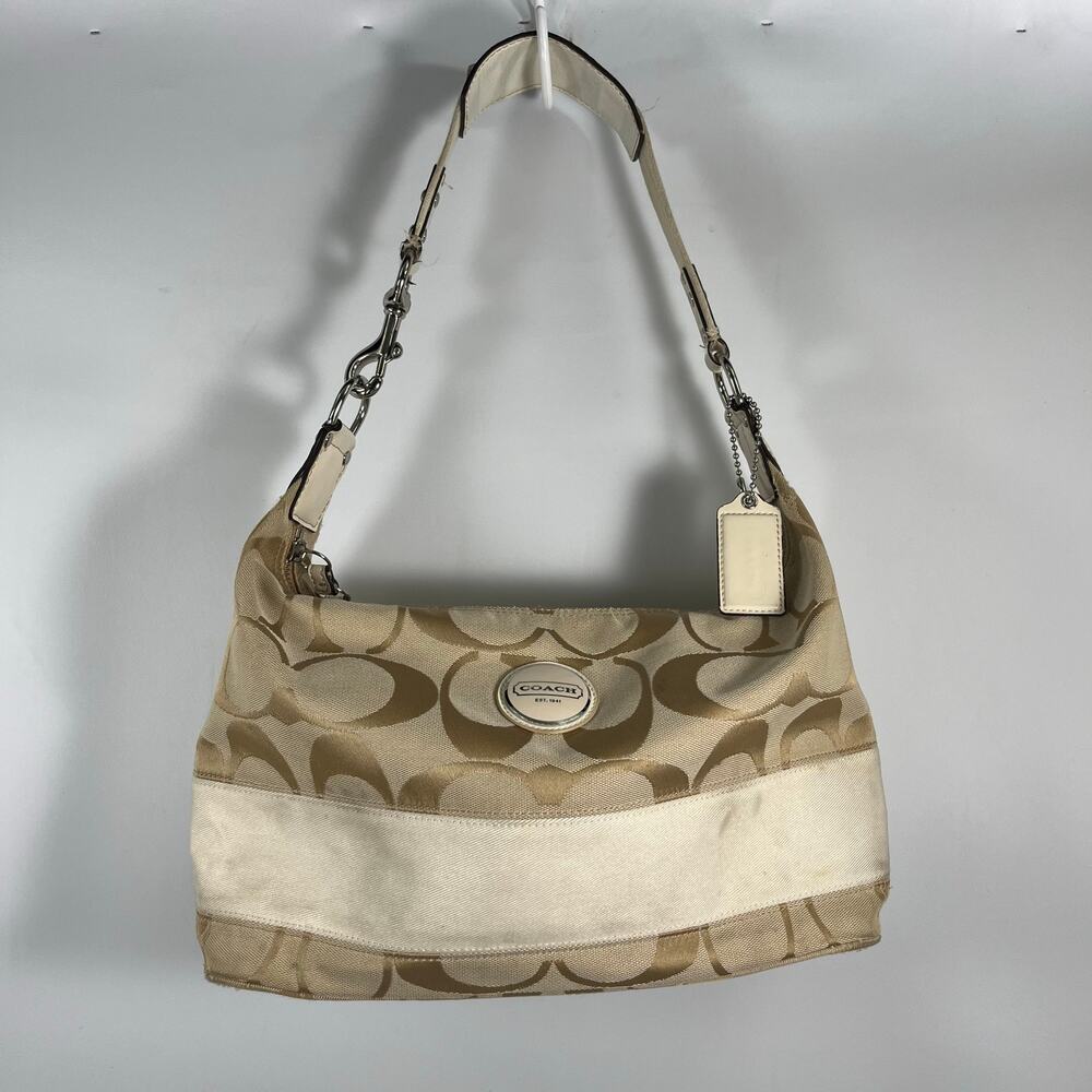 Coach Vintage Signature Stripe Hobo Bag 17434 Tan Canvas Casual Preppy Classic